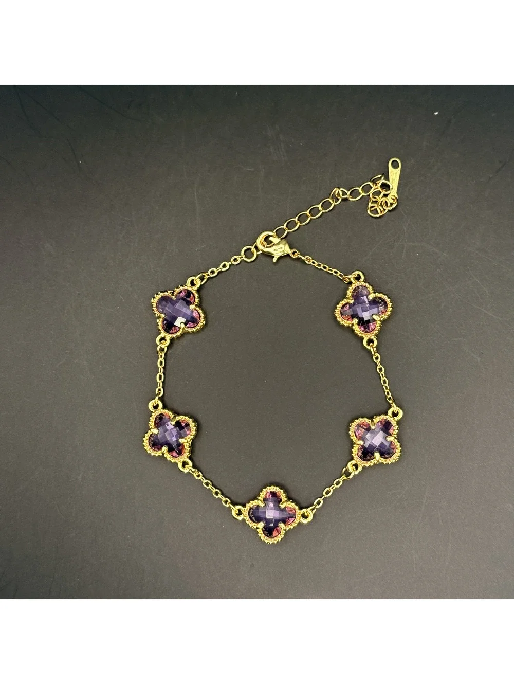 candy+clover lilac amethyst clover gold tone station bracelet